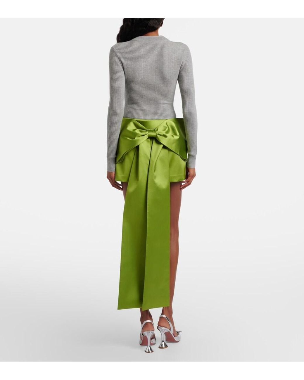 Self-Portrait Green Belted Bow-Detail Satin Miniskirt