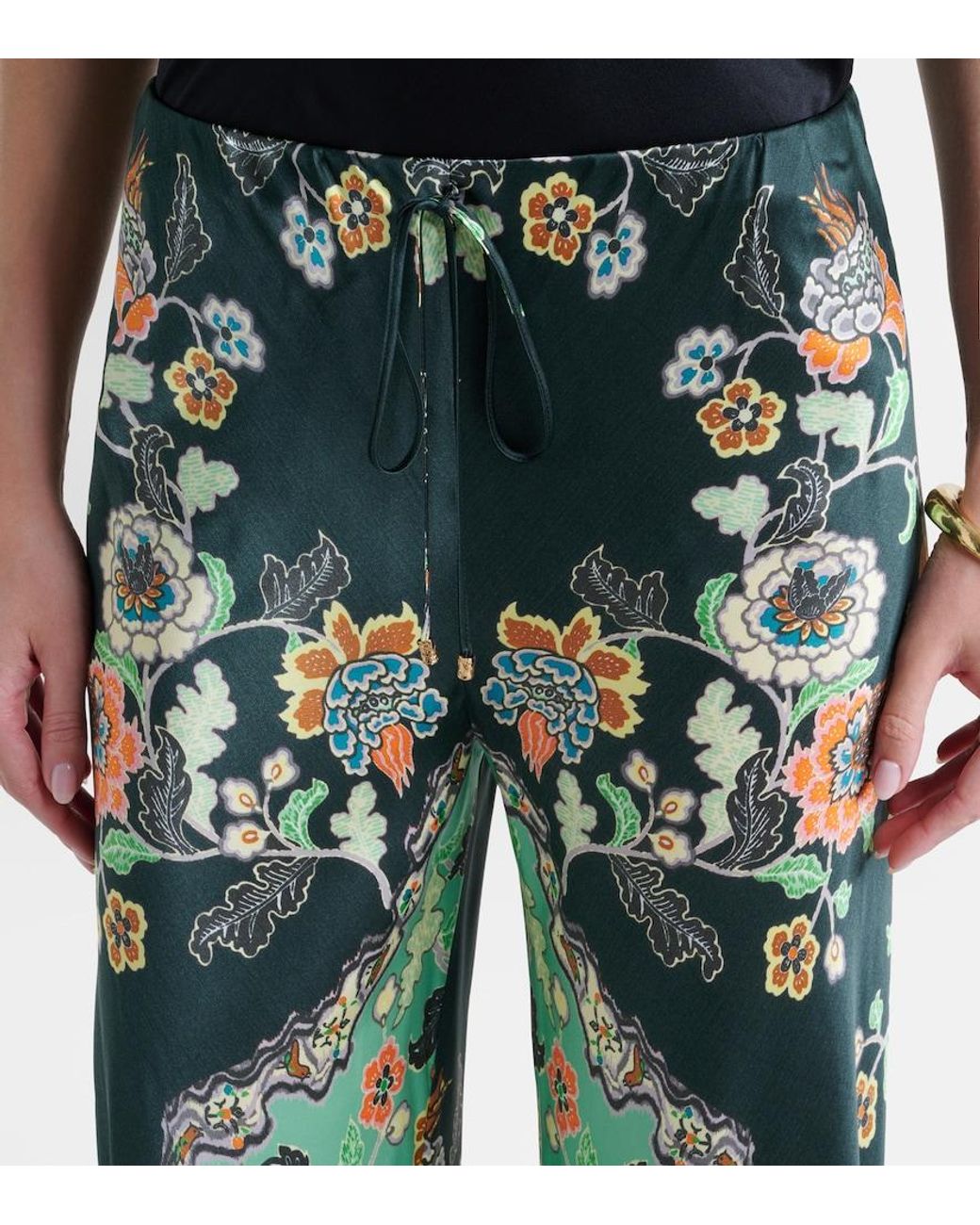 Roberto Cavalli Green Floral Silk Satin Flared Pants