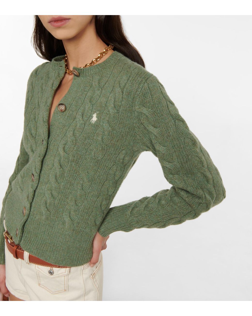 Polo Ralph Lauren Cable-knit Wool-blend Cardigan in Green | Lyst