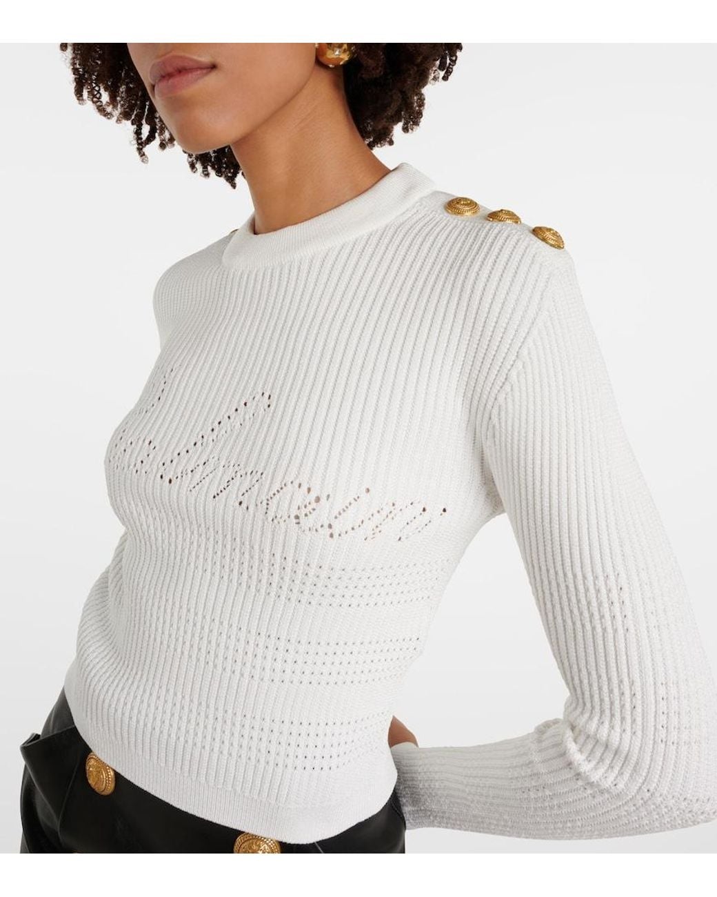Balmain White Embellished Knitted Top