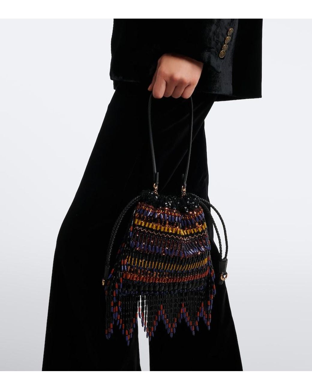 Etro Black Kalispera Small Beaded Fringed Shoulder Bag