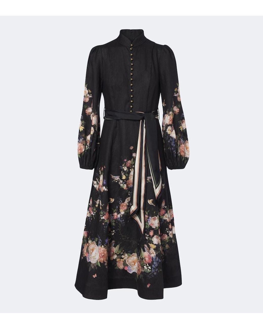 Zimmermann Black Valiant Belted Floral Linen Midi Dress