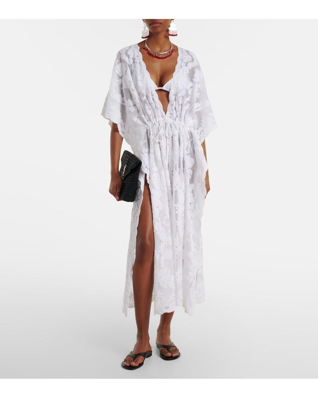 Juliet Dunn White Embroidered Sheer Cotton Kaftan