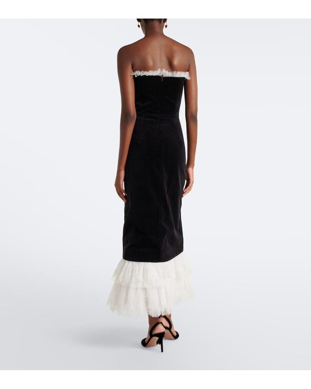 Costarellos Black Isabetta Lace-Trimmed Velvet Midi Dress