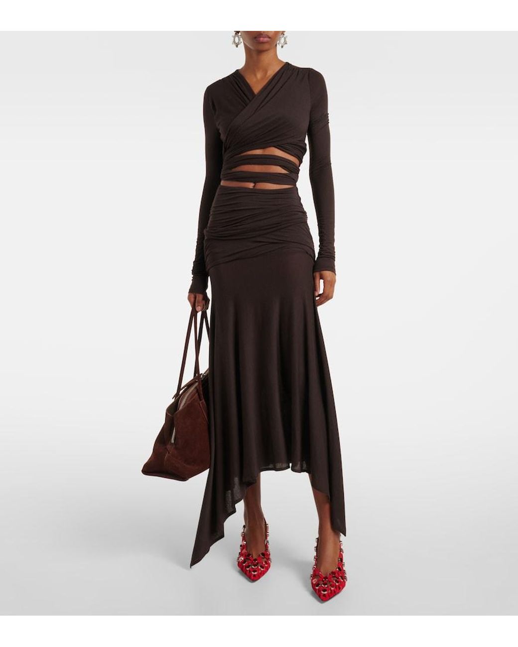 The Attico Brown Sheer Embroidered Tulle Midi Dress
