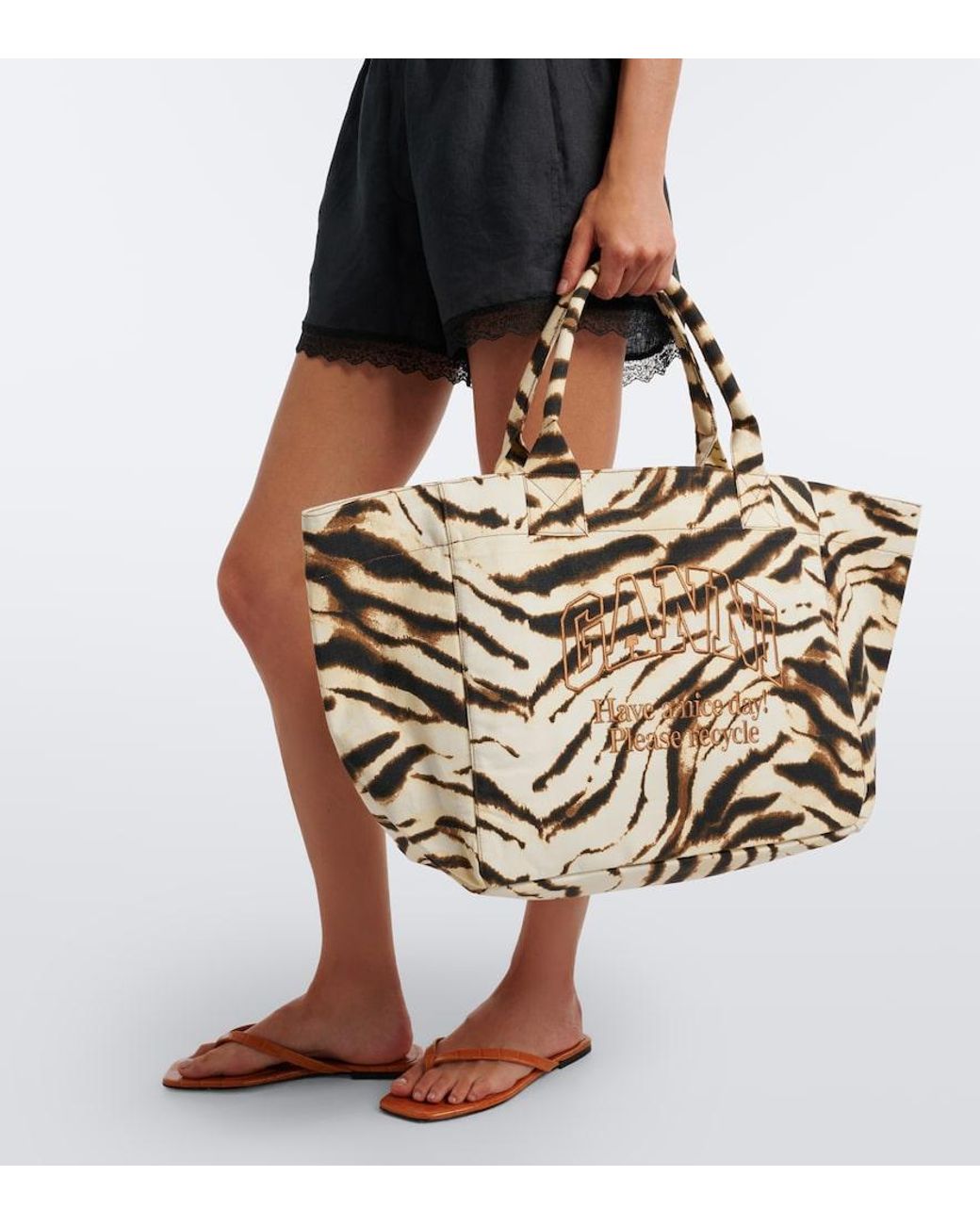 Ganni Metallic Large Zebra-Print Canvas Tote Bag