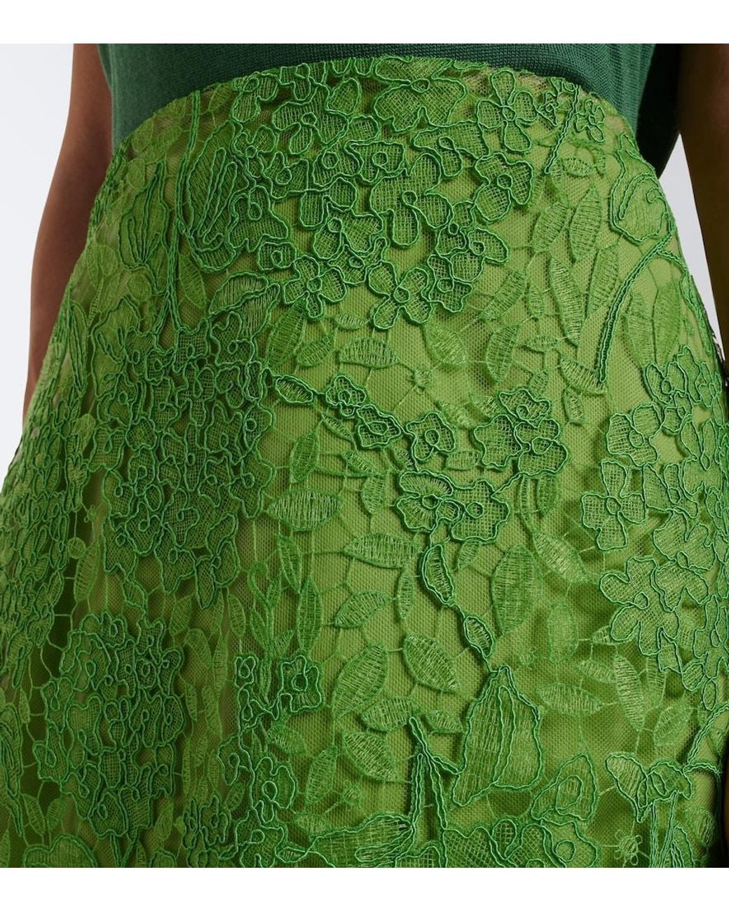 Carolina Herrera Green Floral Lace Midi Skirt