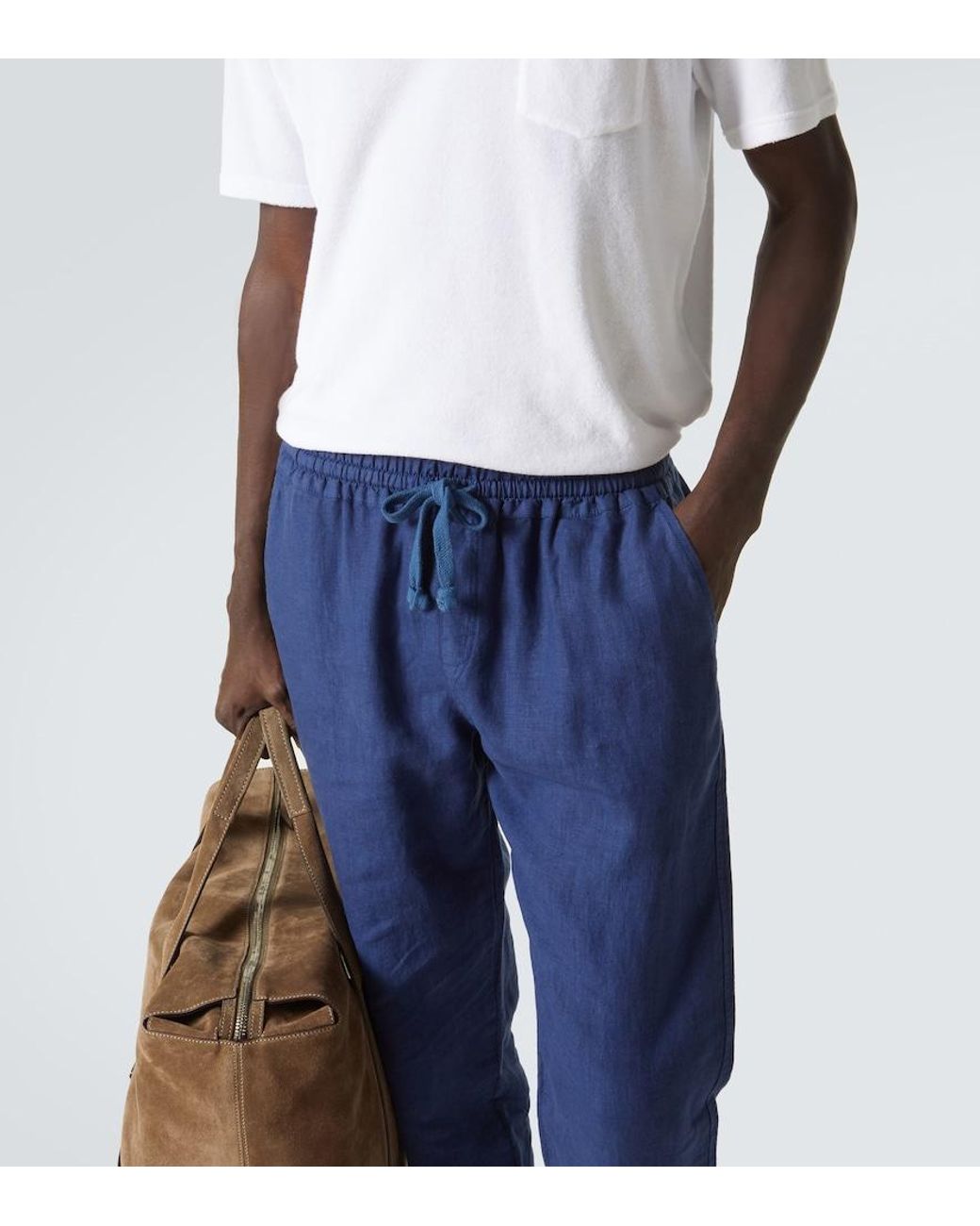 Fedeli Blue Linen Straight Pants for men