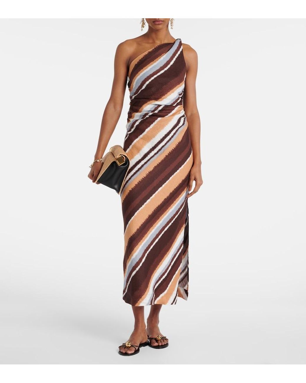 Faithfull The Brand Orange Marga Striped One-Shoulder Linen Maxi Dress