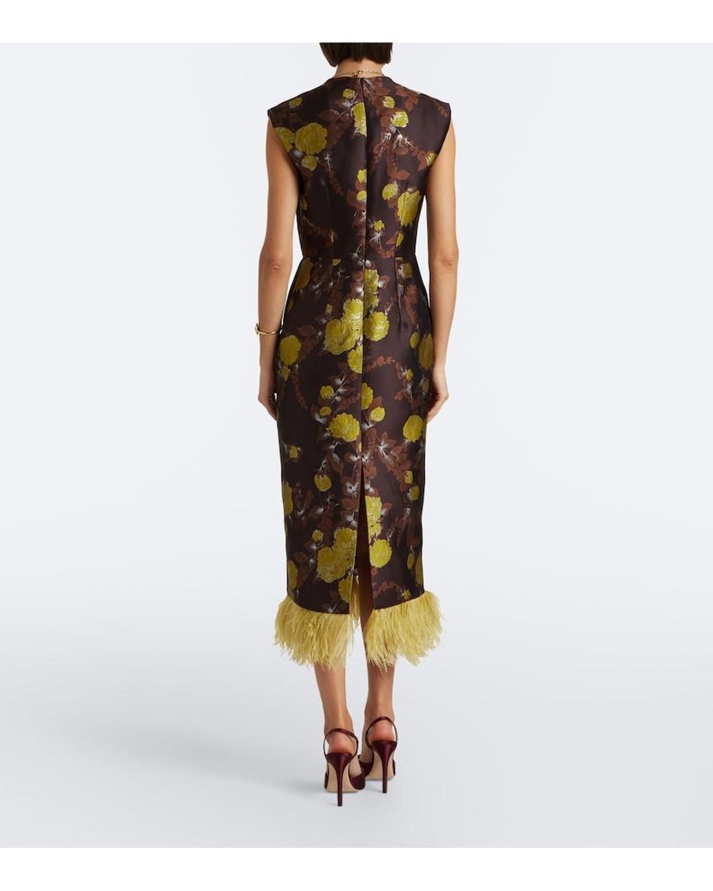 LaDoubleJ Multicolor Devon Feather-Trimmed Jacquard Midi Dress