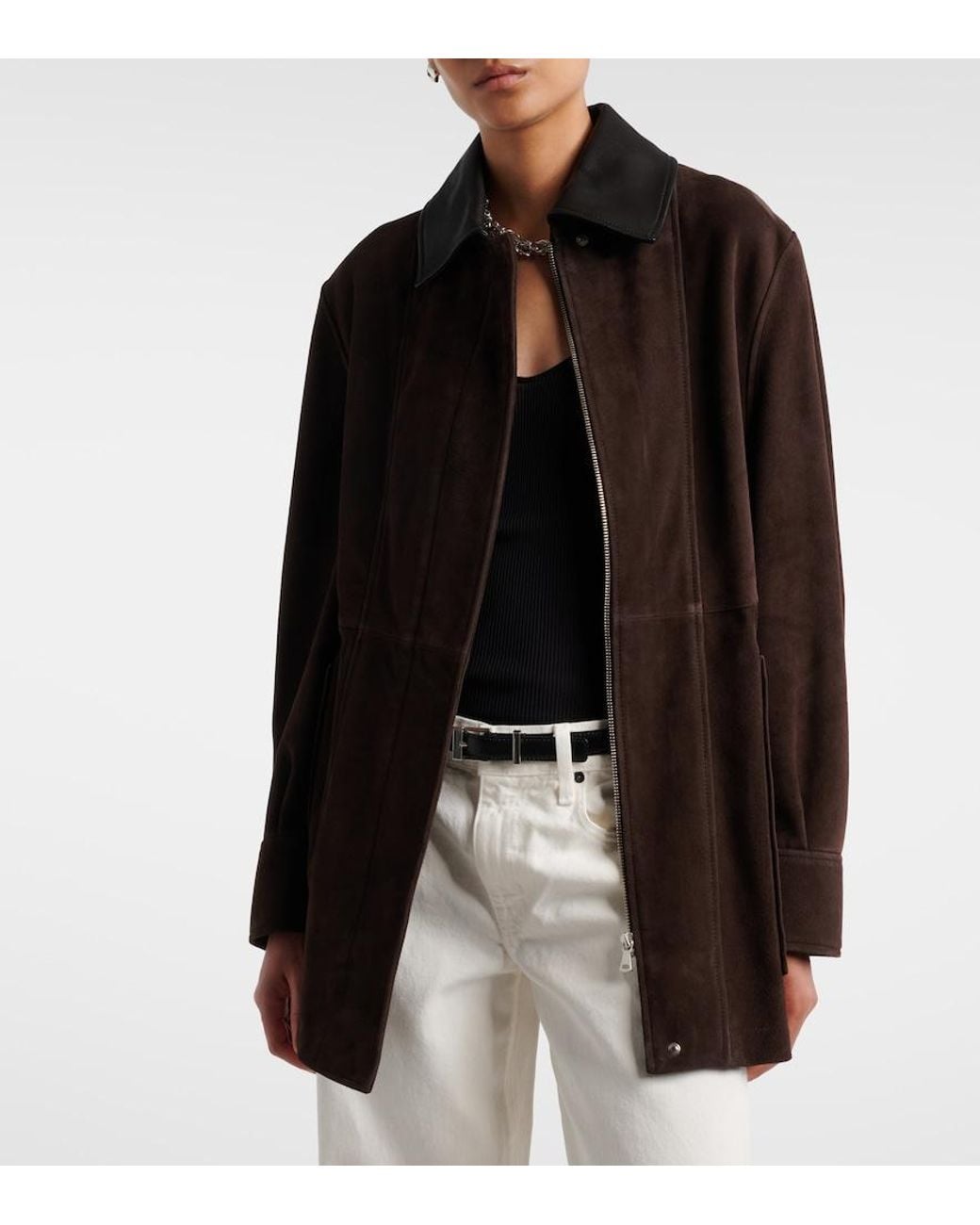 Nour Hammour Brown Grange Leather-Trimmed Suede Jacket