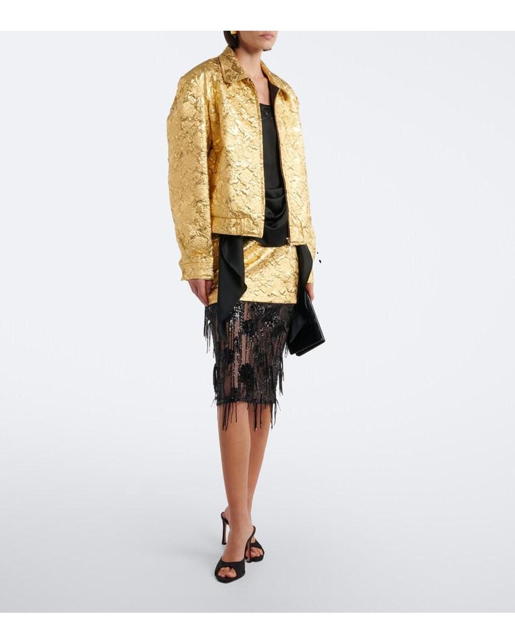 JACQUES WEI Black Embroidered Draped Satin Camisole