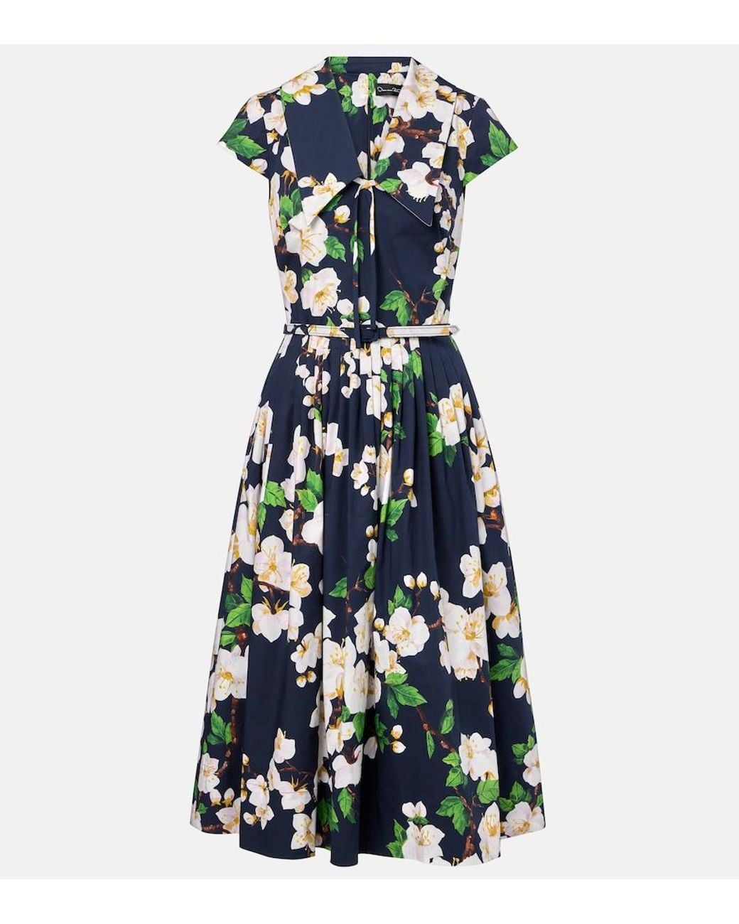 Oscar de la Renta Blue Floral Pleated Cotton-Blend Midi Dress