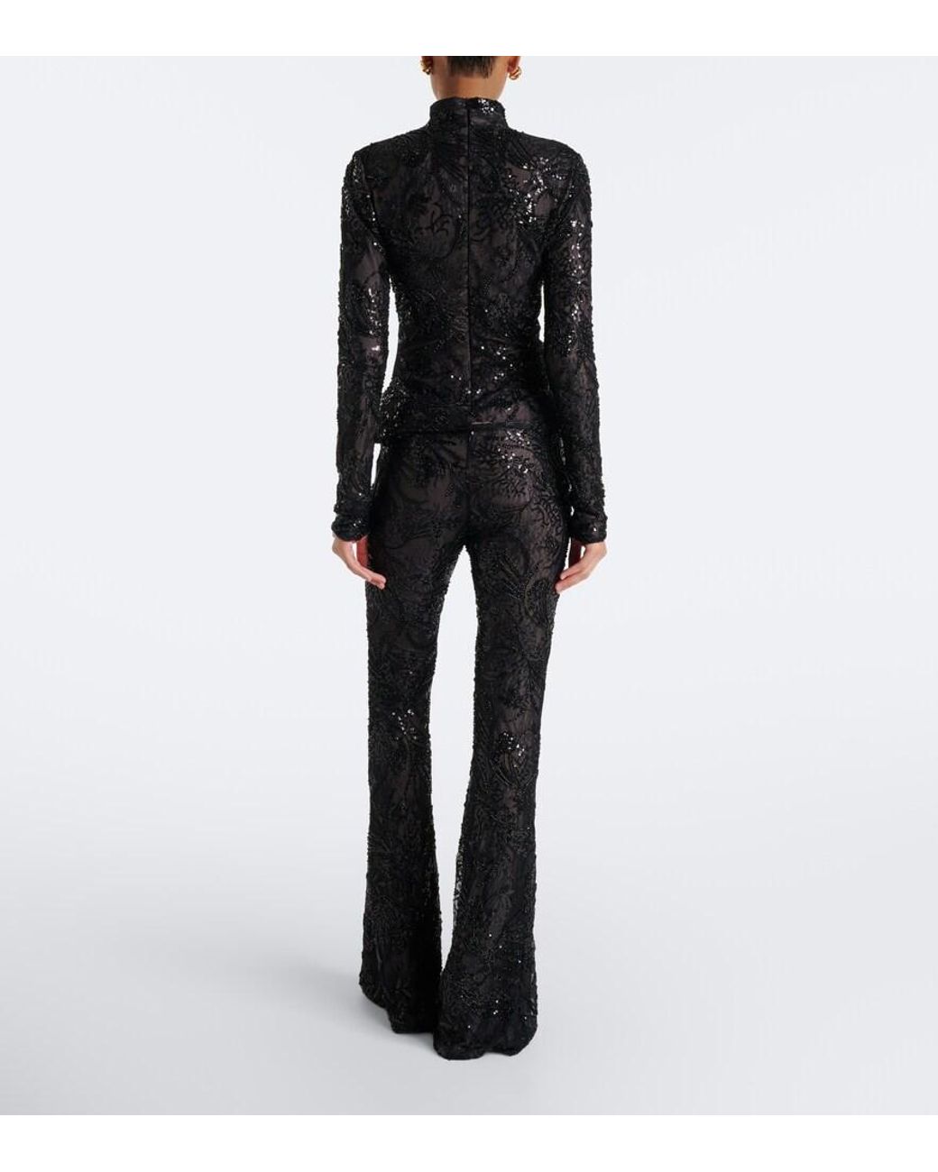 The New Arrivals Ilkyaz Ozel Black Meihua Sequined Flared Pants