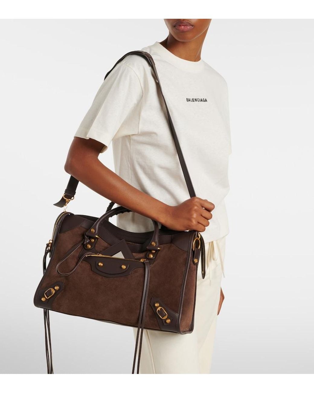 Balenciaga Brown Le City Medium Leather-Trimmed Suede Top-Handle Bag