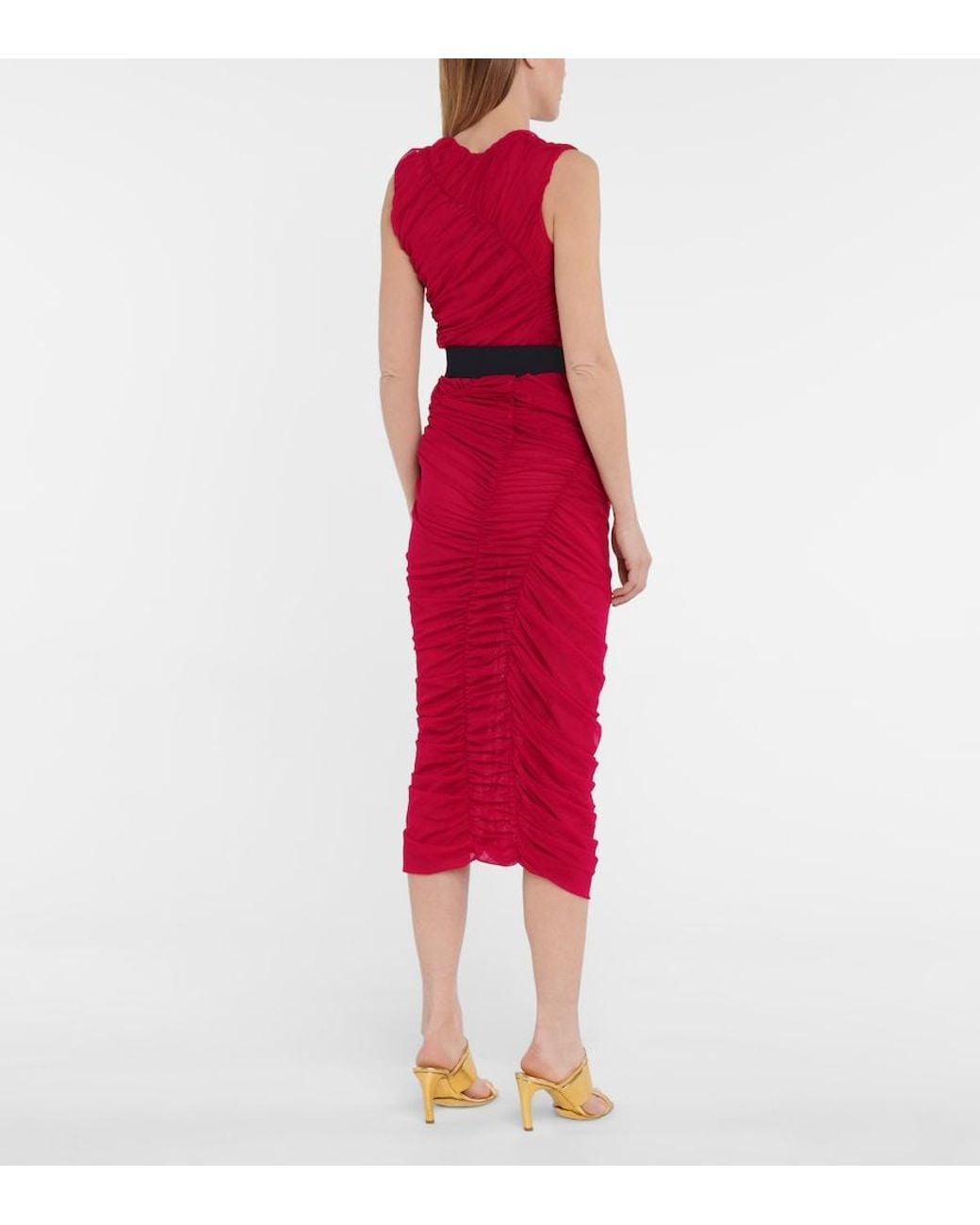 Dries Van Noten Red Ruched Mesh Midi Skirt