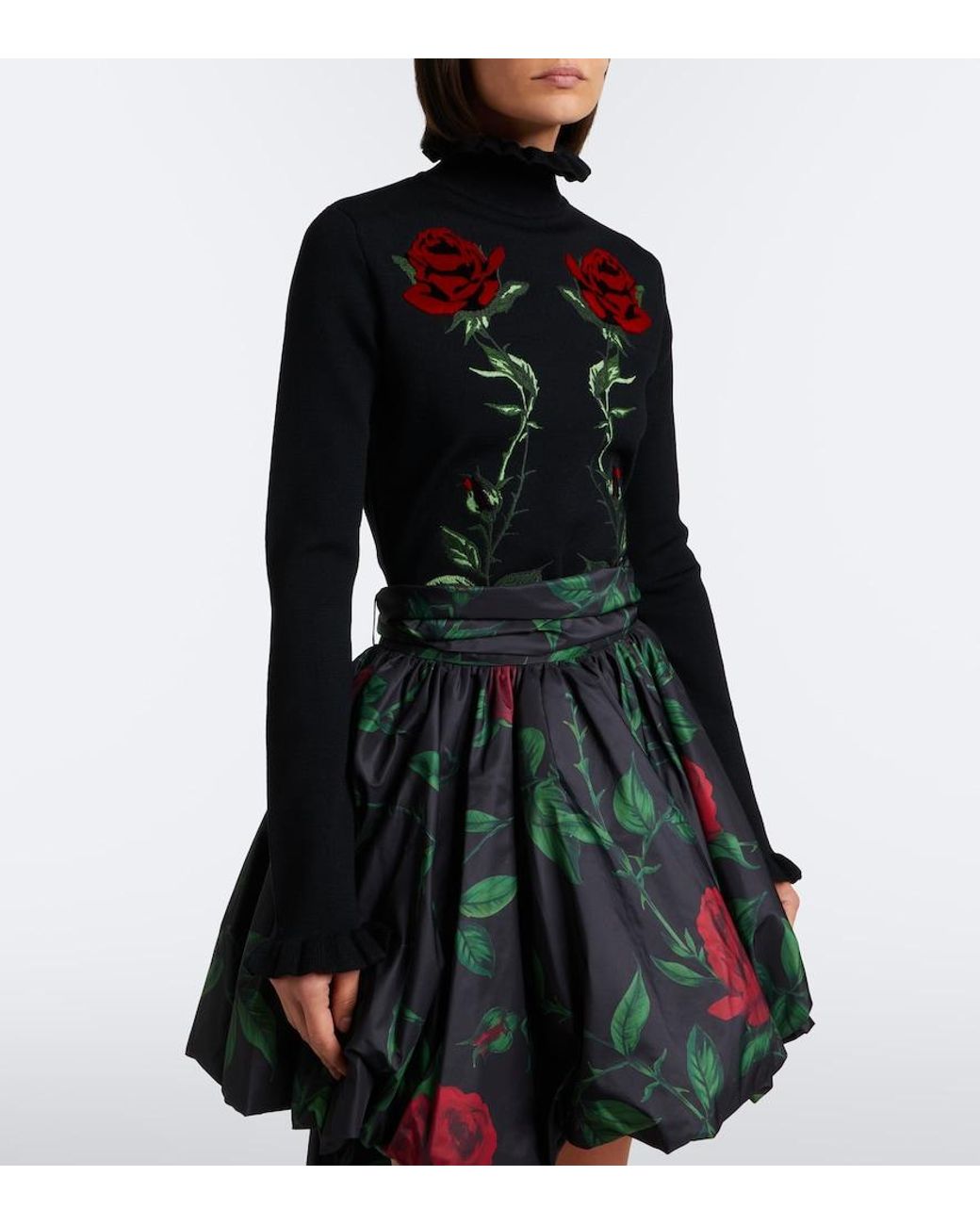 Blumarine Black Embroidered Ruffled Virgin Wool Sweater