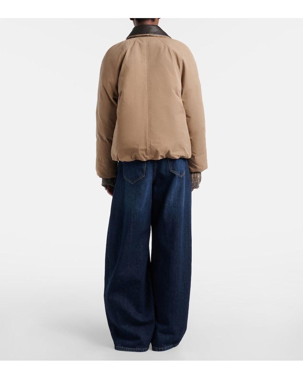 Brunello Cucinelli Blue Leather-Trimmed Barrel-Leg Jeans