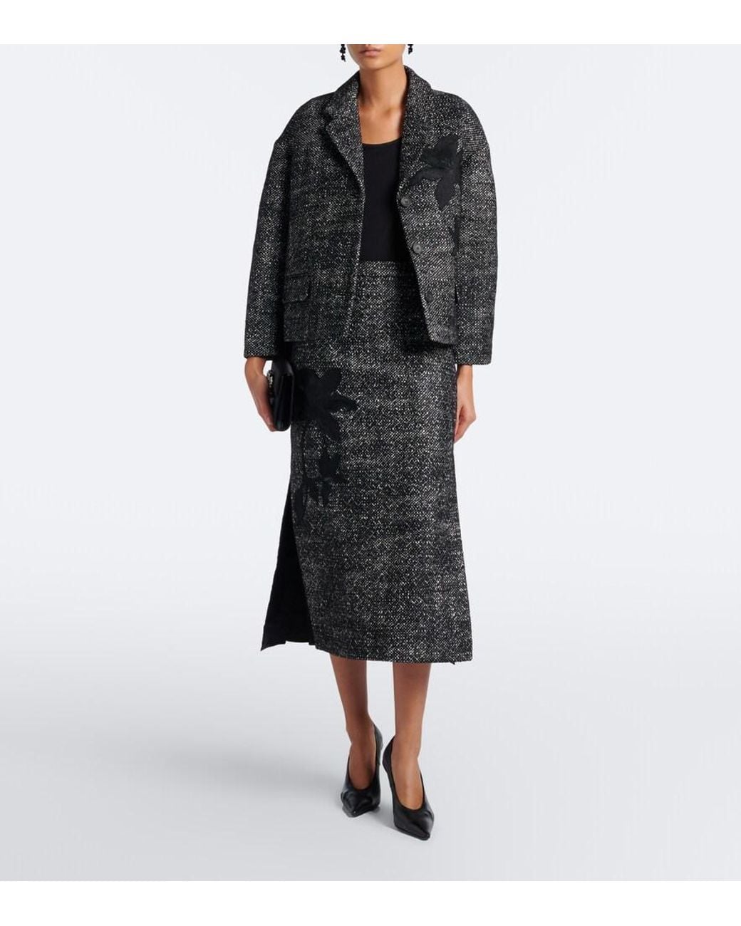 Erdem Black Cropped Embroidered Wool-Blend Jacket