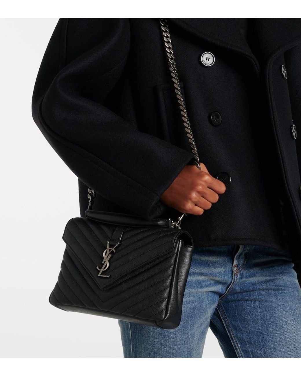 Saint Laurent Black College Medium Chain Quilted Textured-leather Shoulder Bag