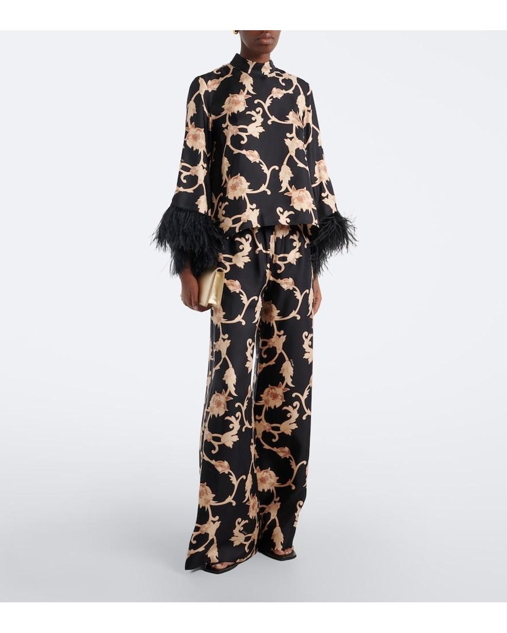 LaDoubleJ Black Buttercup Feather-Trimmed Silk Blouse
