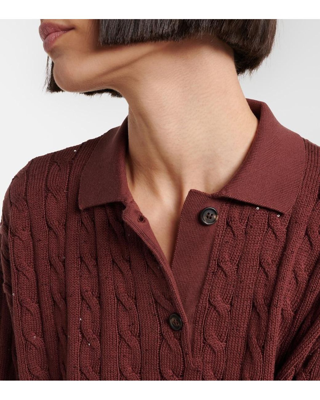 Brunello Cucinelli Red Cable-Knit Cotton-Blend Polo Sweater