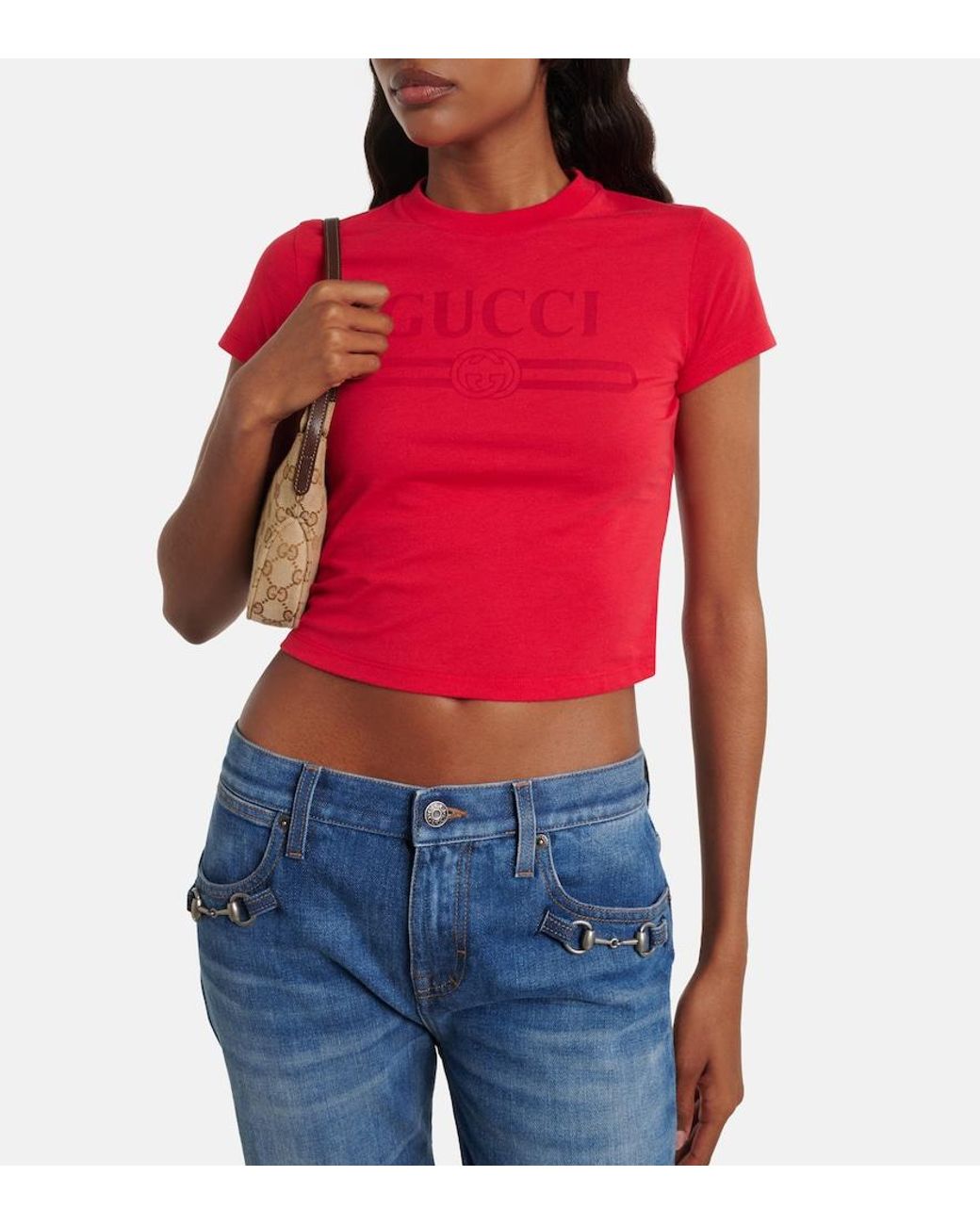 Gucci Red Logo Cropped Cotton-Blend Jersey T-Shirt