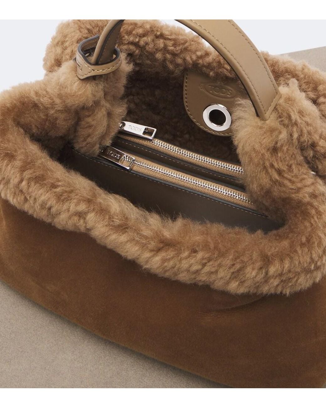 Tod's Brown T Timeless Shearling-Lined Suede Tote Bag