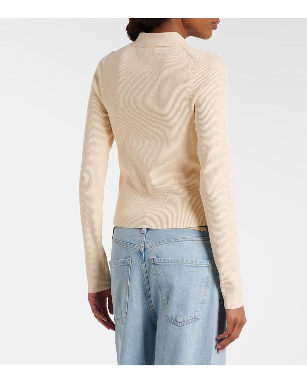 Victoria Beckham Natural Mila Ribbed-Knit Zip-Up Top