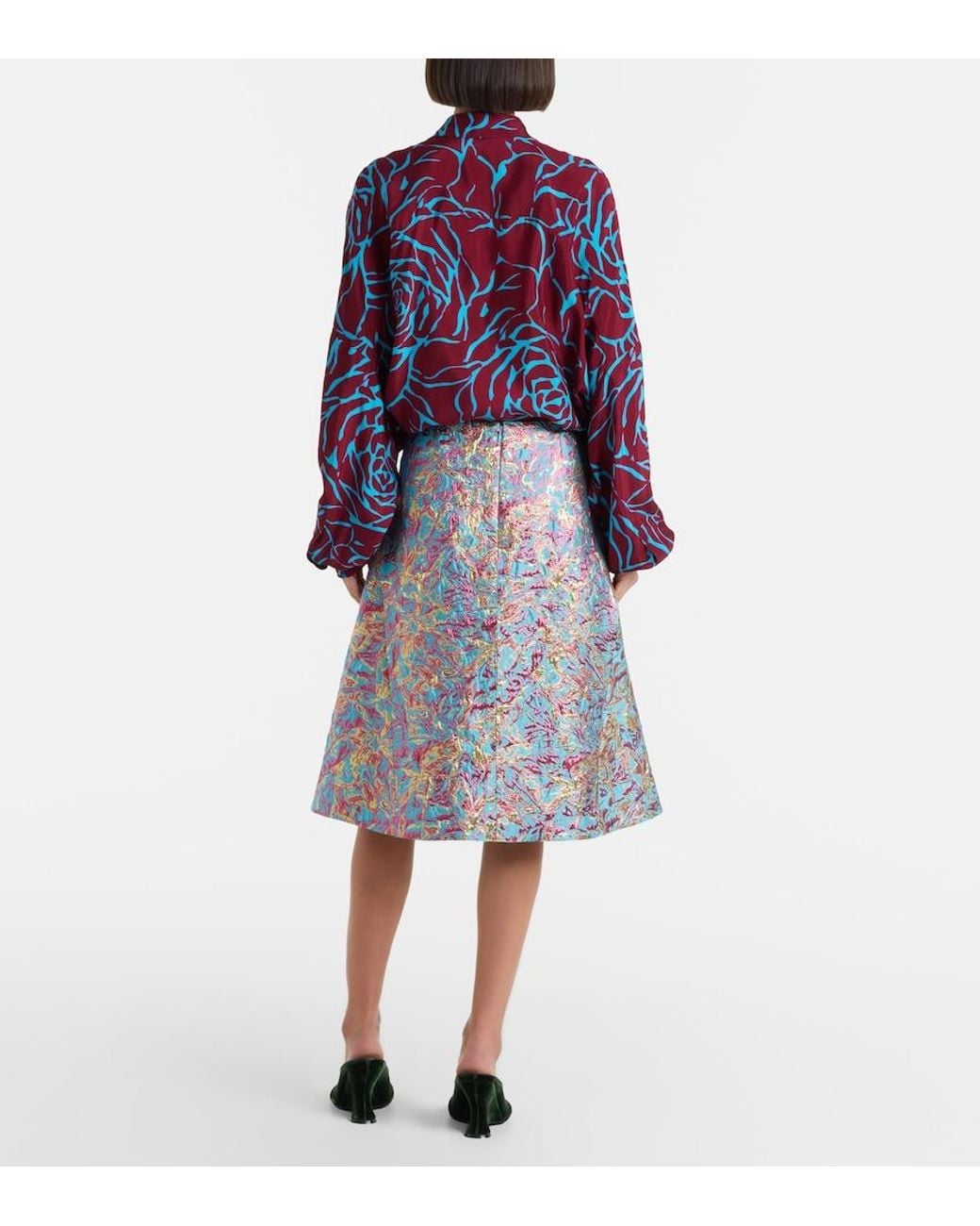 Dries Van Noten Blue Brocade Midi Skirt