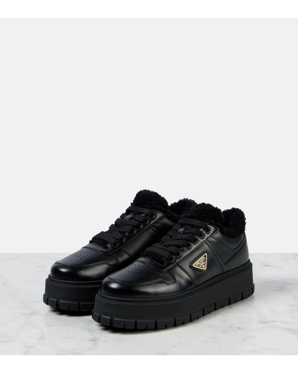 Prada Shearling Lined Leather Platform Sneakers in Black Lyst UK