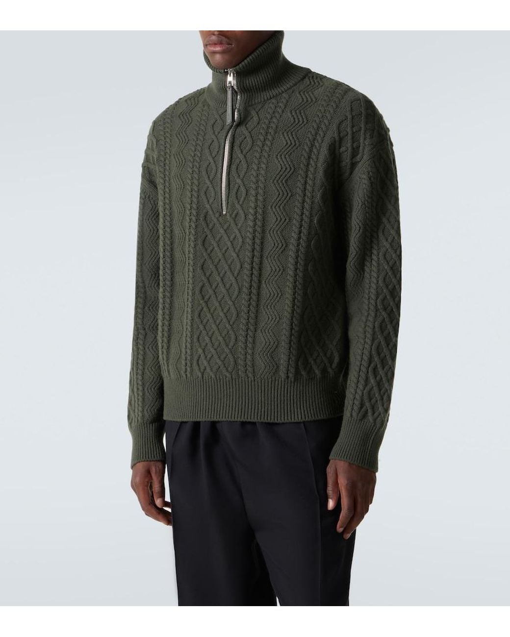 Loewe Green Aran-Knit Wool Half-Zip Turtleneck Sweater for men