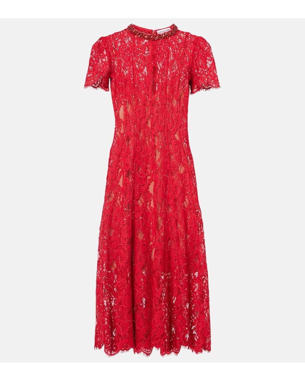 Self-Portrait Red Embellished Fishnet Midi Dress