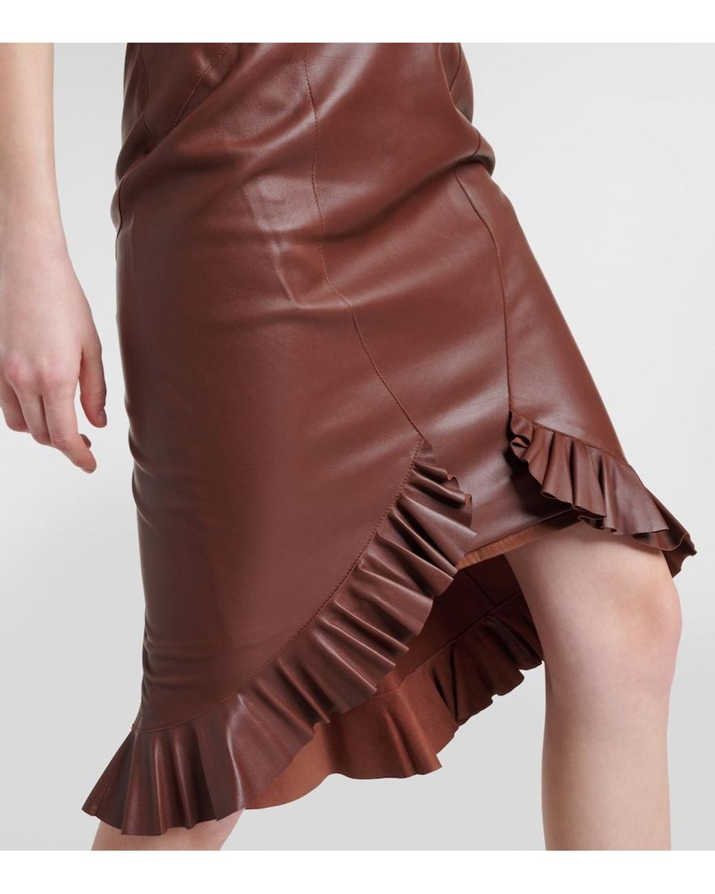Tom Ford Brown Ruffled Leather Midi Skirt