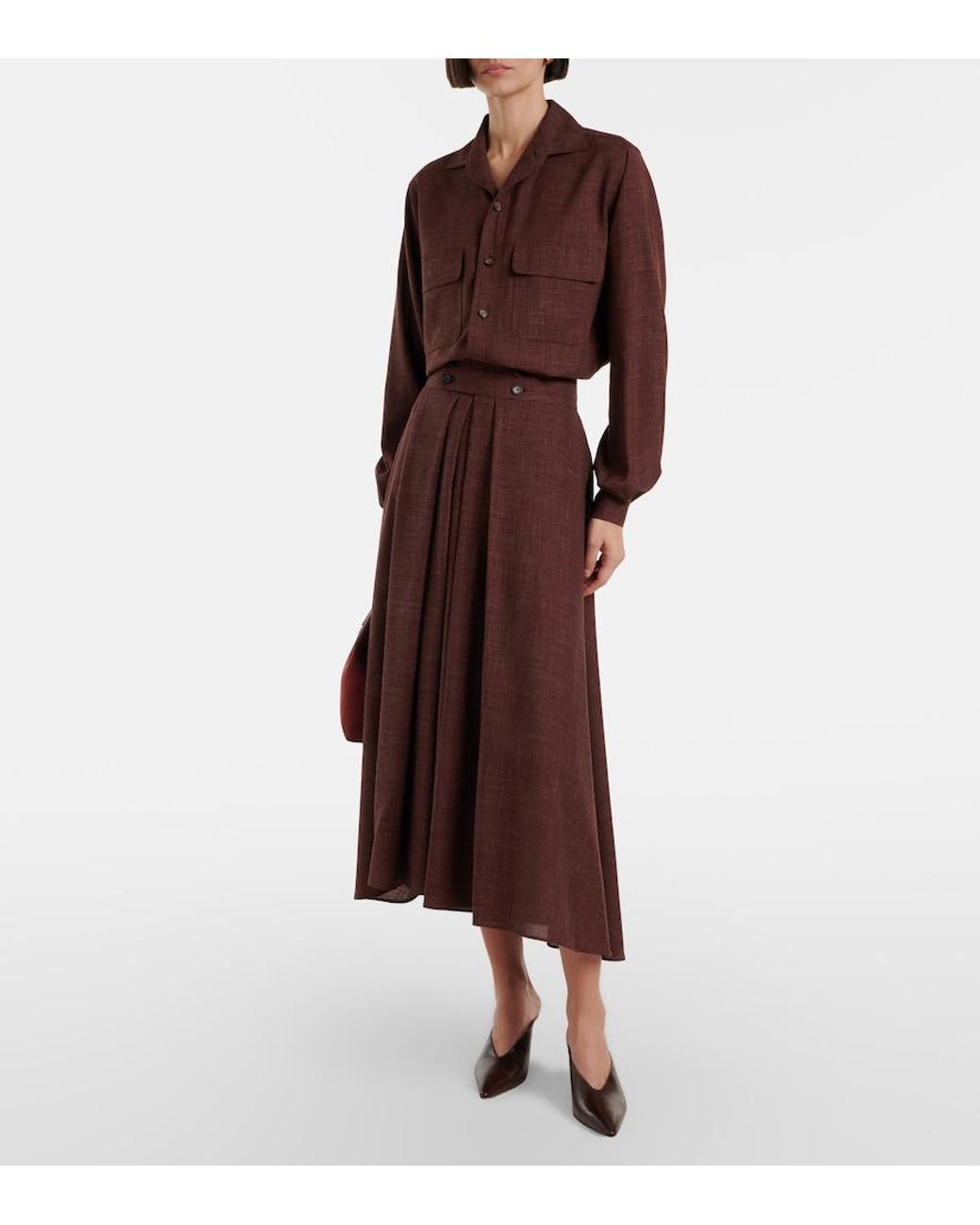 Loro Piana Purple Petra Pleated Wool, Silk, And Linen Midi Skirt