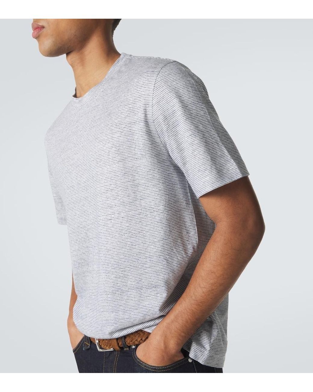 Brioni Gray Striped Linen And Cotton T-Shirt for men
