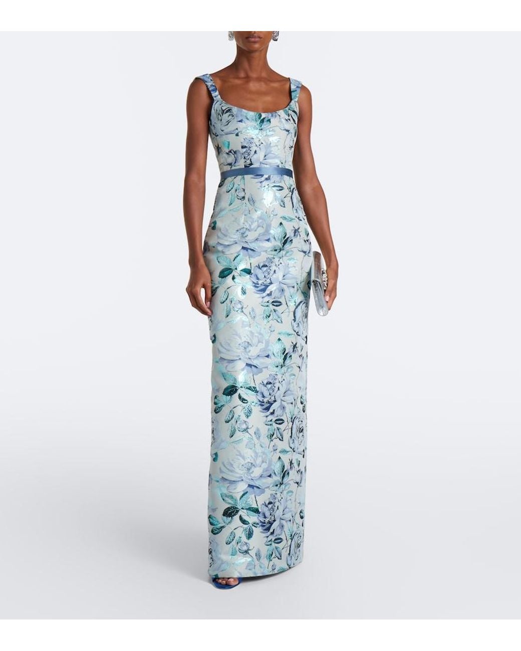 Markarian Blue Robin Belted Floral Brocade Gown