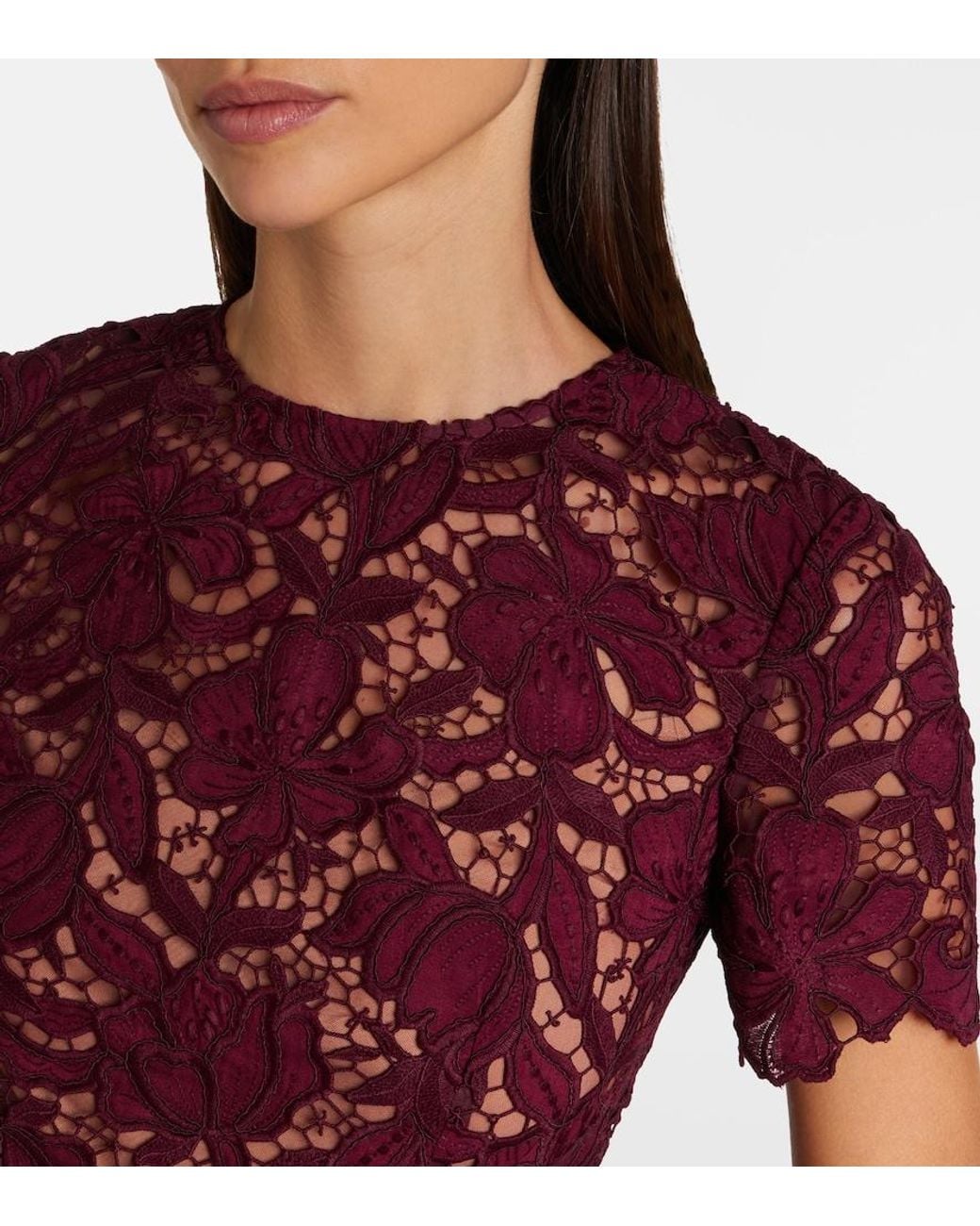 Self-Portrait Purple Belted Floral Guipure Lace Midi Dress