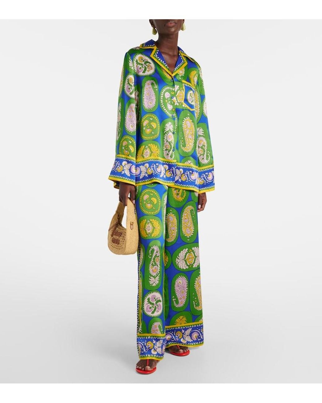 ALÉMAIS Green Printed Silk Satin Shirt