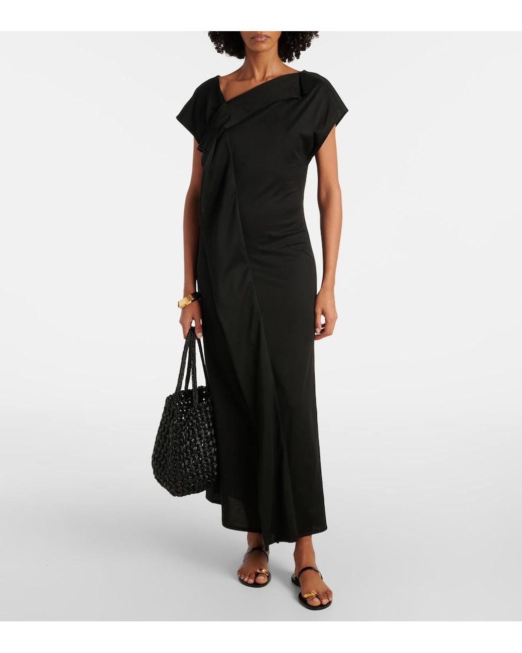 Plan C Black Asymmetric Draped Midi Dress