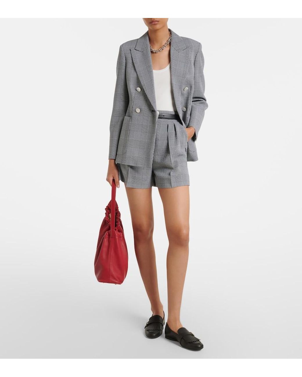 Max Mara Gray Prince Of Wales Check Wool Crepe Shorts