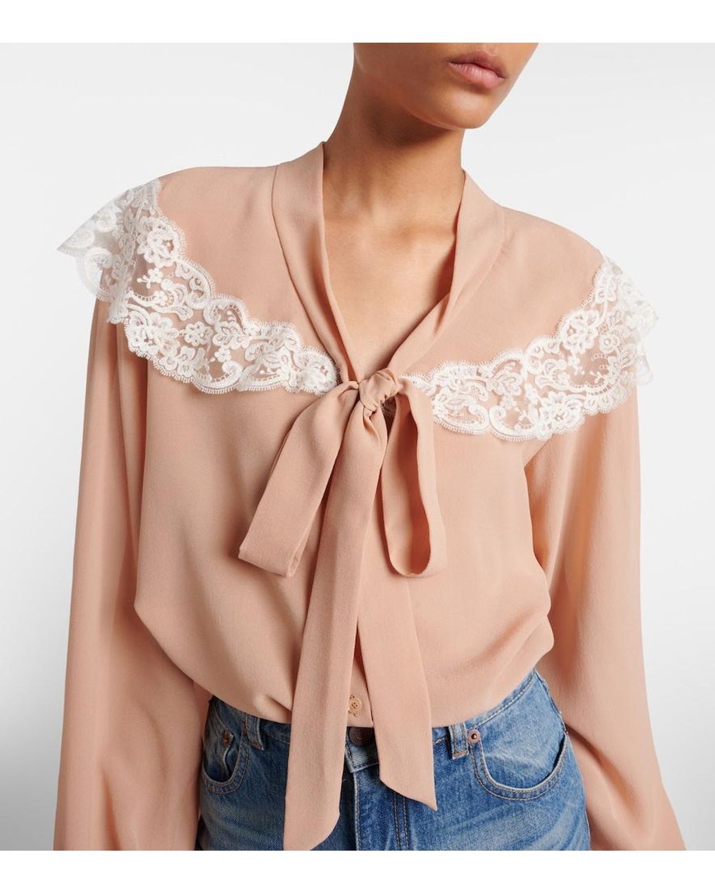 Chloé Natural Lace-Trimmed Silk Georgette Blouse