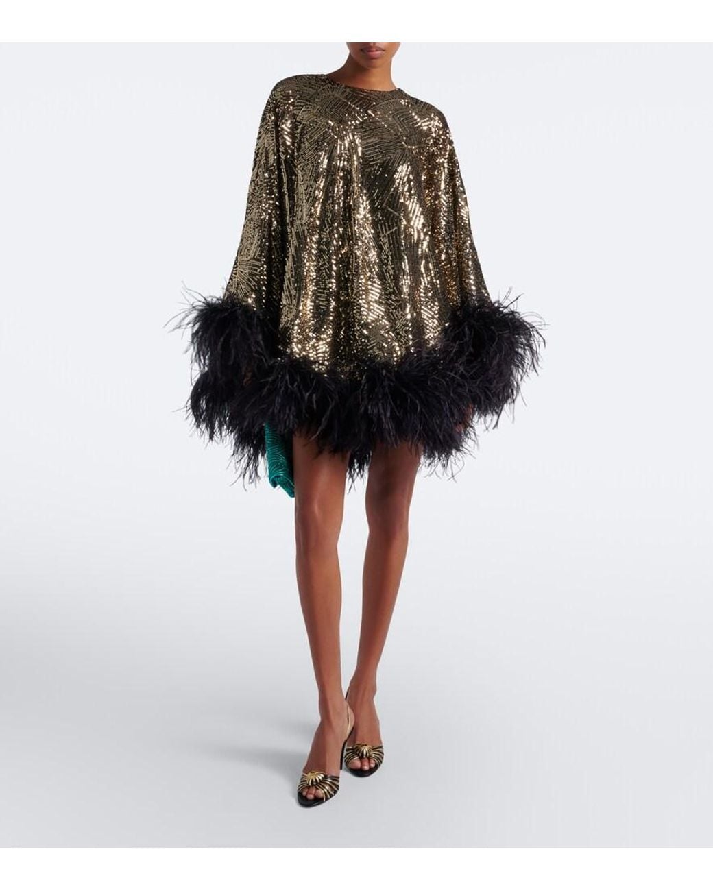 Taller Marmo Metallic Vegas Disco Feather-Trimmed Minidress
