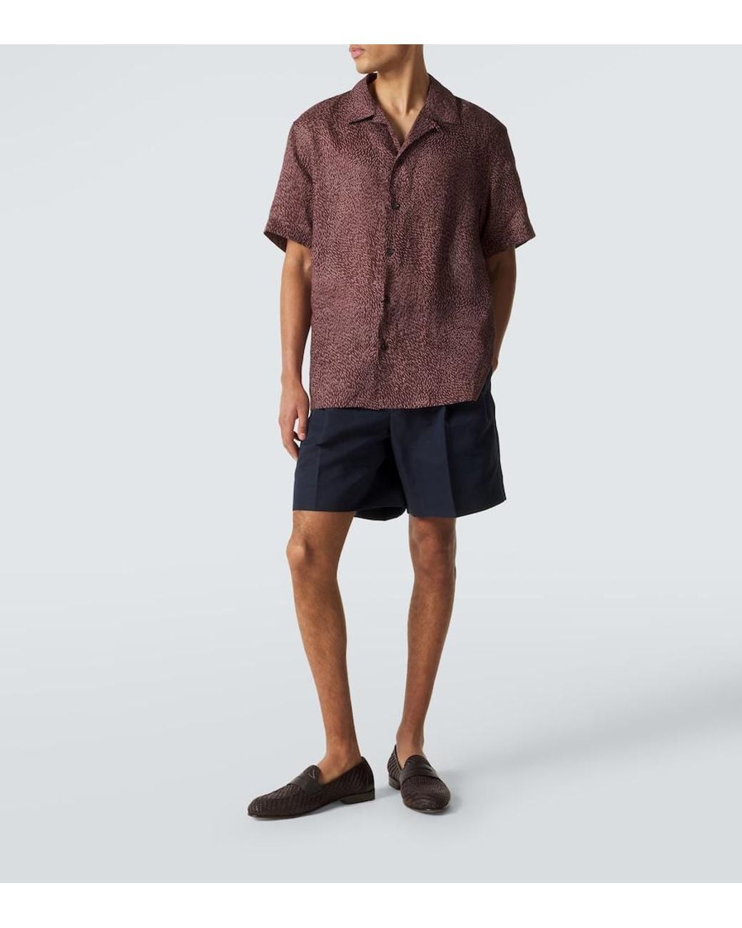 Brioni Brown Printed Linen Bowling Shirt for men