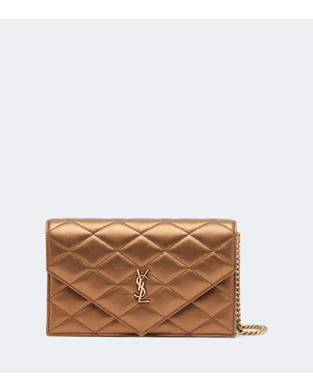 Saint Laurent Brown Paris Metallic Leather Wallet On Chain