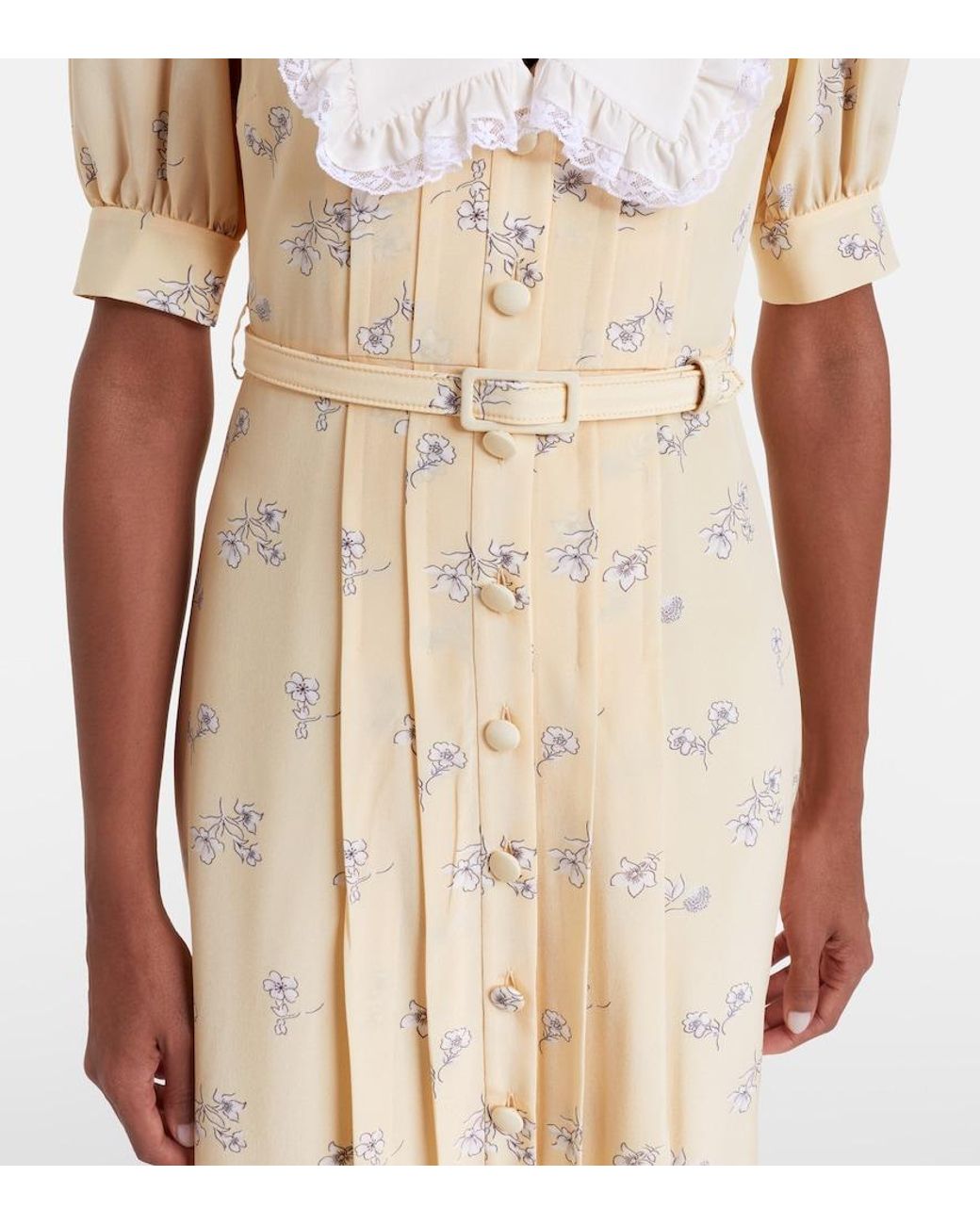 Alessandra Rich Metallic Lace-Trimmed Floral Silk Shirt Dress