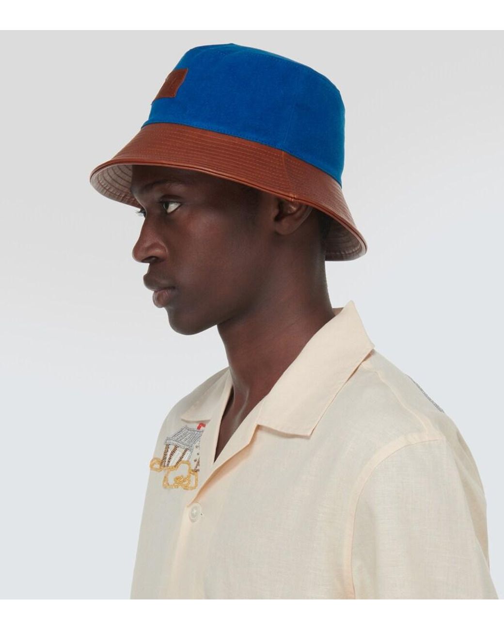 Bode Blue Cotton And Leather Bucket Hat for men