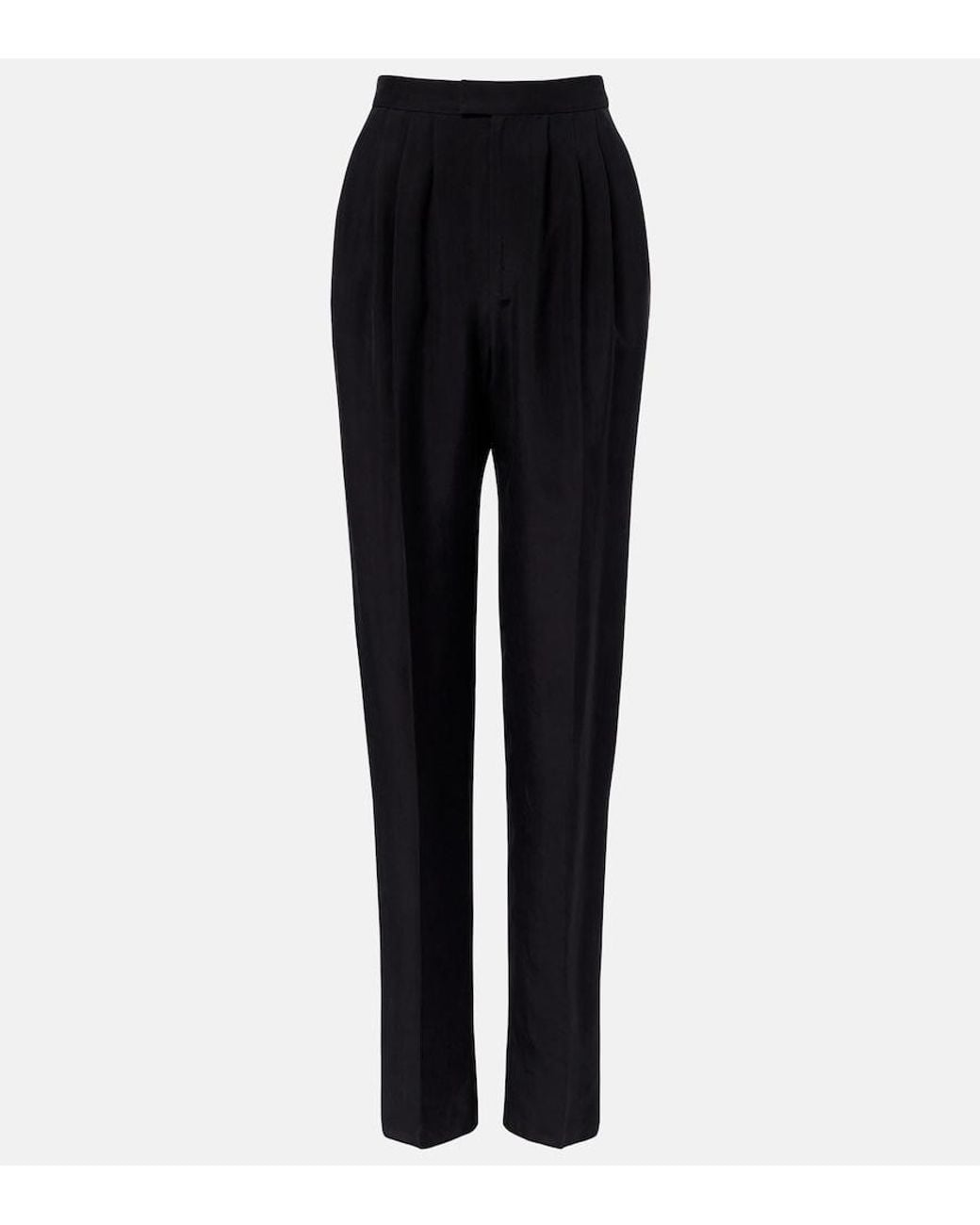Saint Laurent Black Pleated Silk Straight Pants