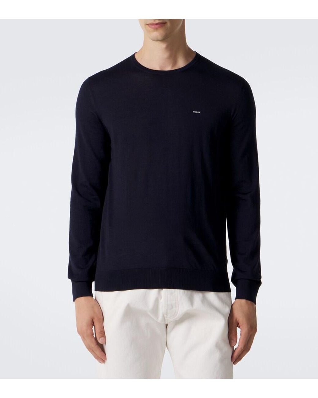 Prada Blue Logo Virgin Wool Sweater for men