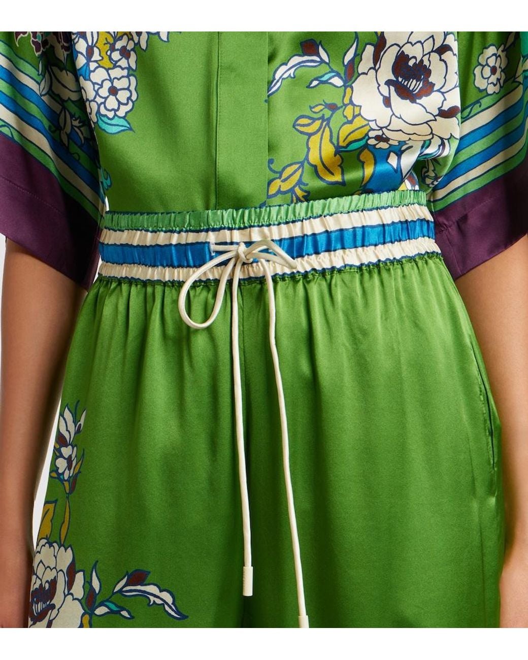 ALÉMAIS Green Nanci Printed Silk Satin Wide-Leg Pants
